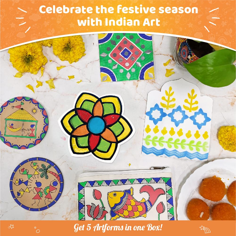Imagimake Indian Art Forms-Arts and Craft DIY Kit for Kids, Ages 8-12, 5 Indian Art Forms-Madhubani, Warli, Lippan, Mandala & Block Printing.