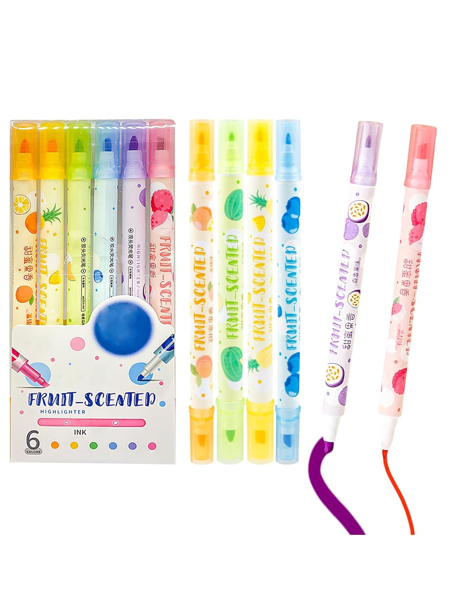 Double Head Fruit Scented Marker Pens, Water-Based Non-Toxic Ink, Quick Drying Dual Tip Highlighter Pens for Multipurpose for Kids and Adults, 8+ Years (Pack of 6, Multicolor)