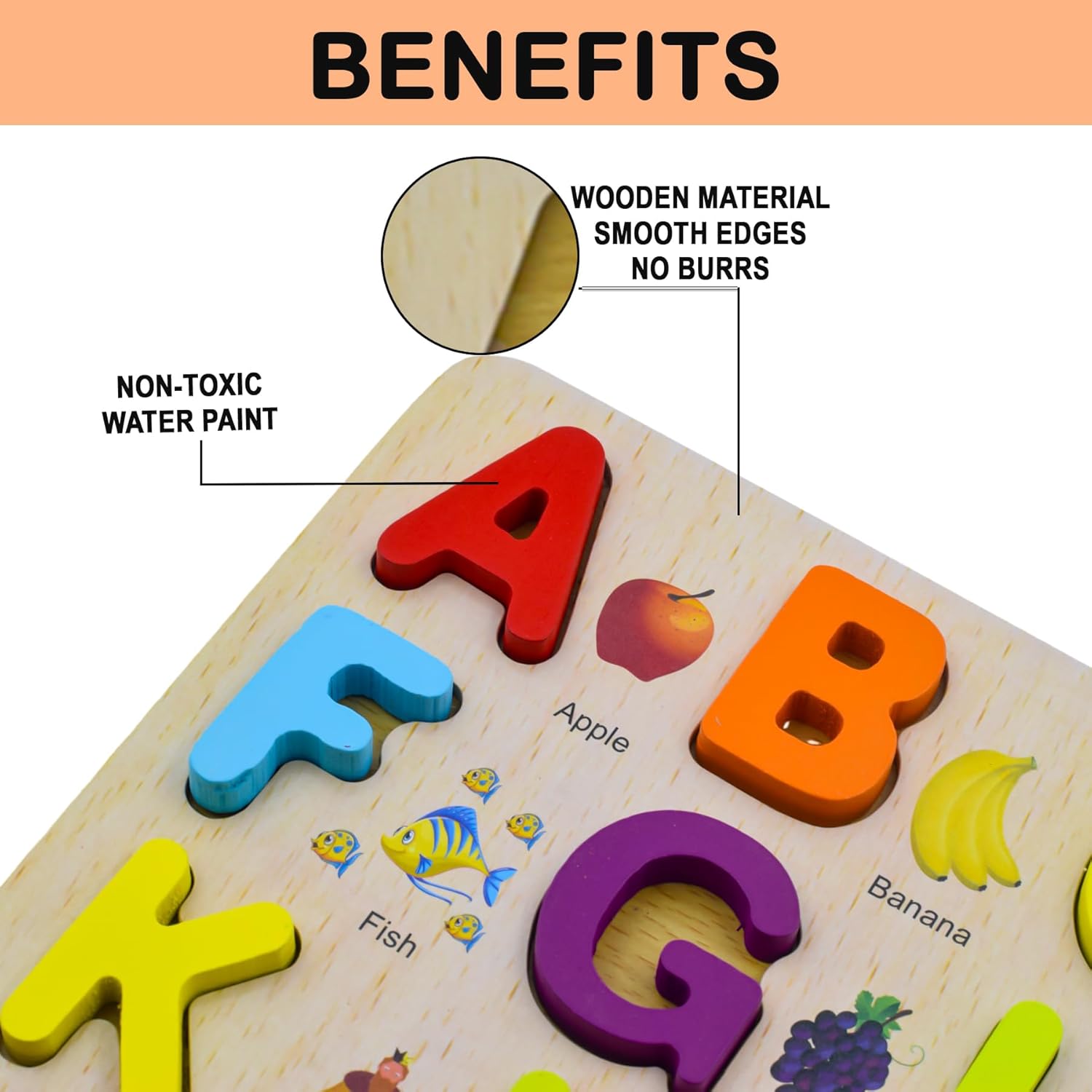3D Wooden Capital Alphabet Puzzles with Pictures for Children, montessori educational learning letters puzzle board toy- Multi color