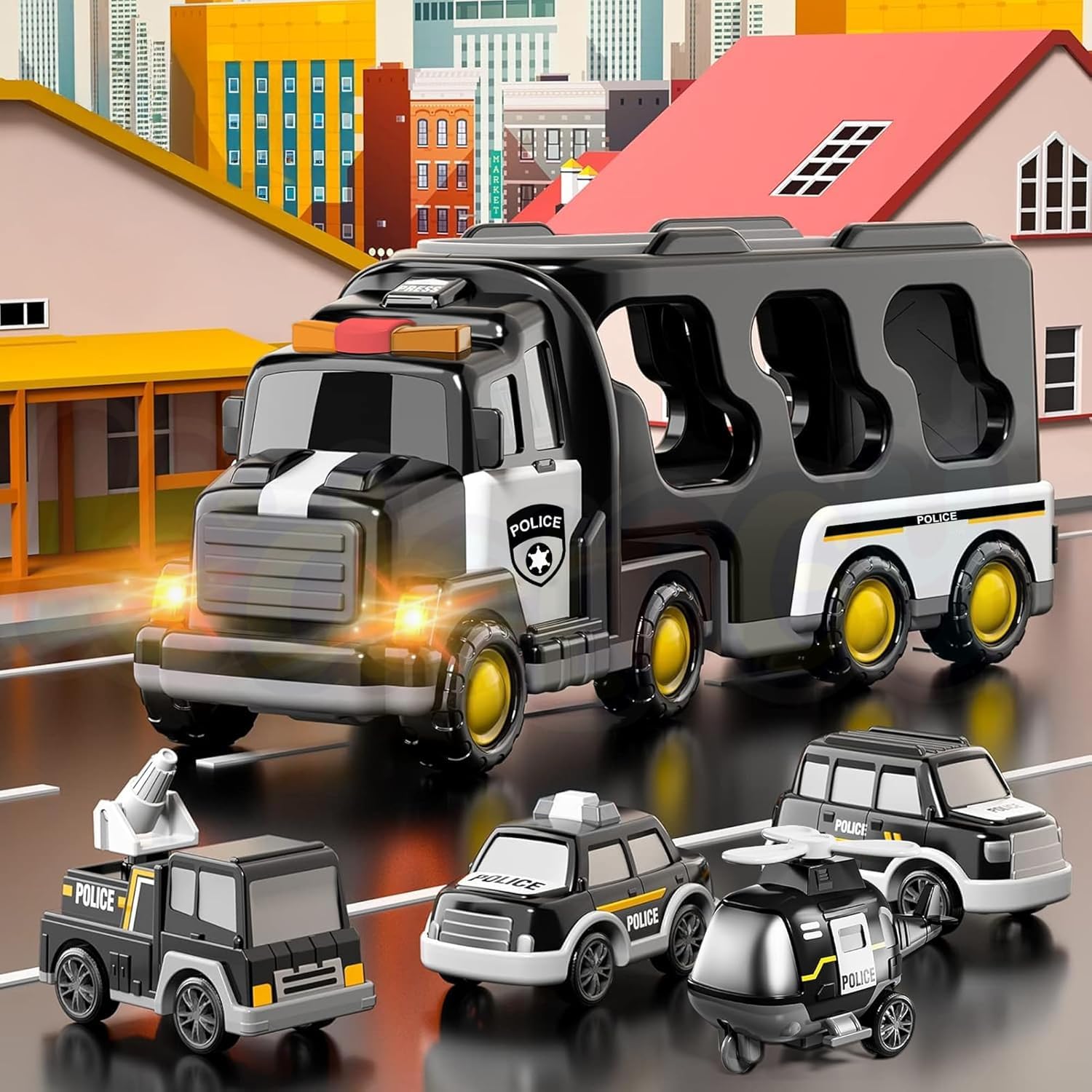 5 in 1 Police Trucks Boy Toys for 3-5 Year Old Toddlers - Toys for 3- 7 Years Old Transport Vehicle Carrier Truck Sets Kids Boys & Girls