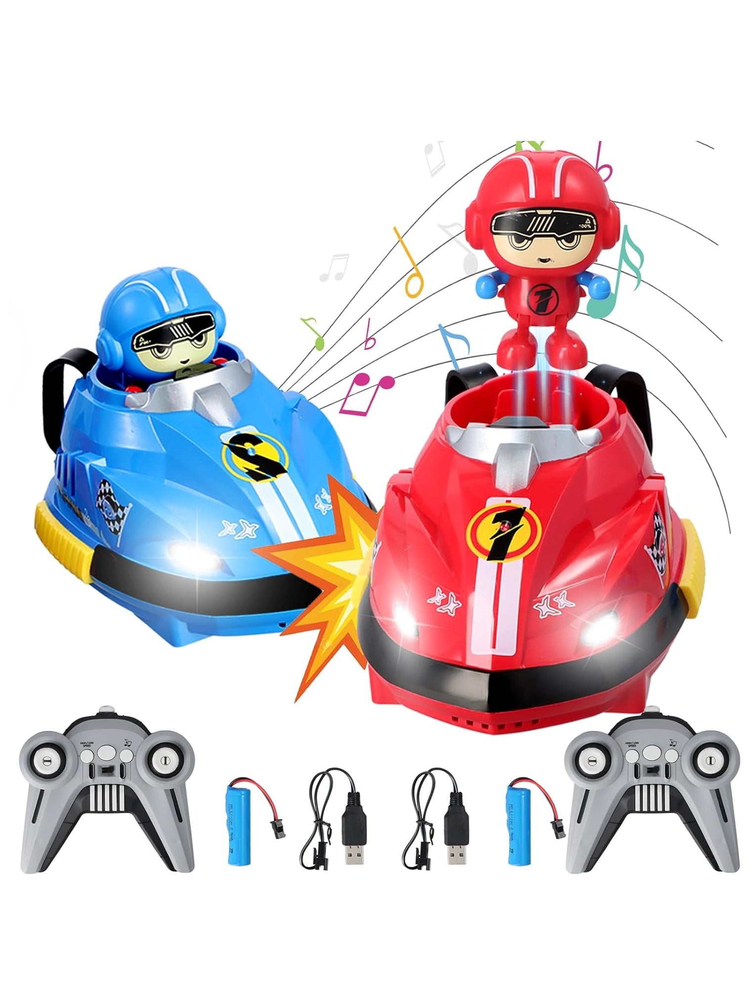 Set of 2 RC Bumper Cars with Ejectable Robots, LED and Rechargeable Battery, Interactive Toy for Children Boys and Girls, Gift for 4-10 Years, Multicolor
