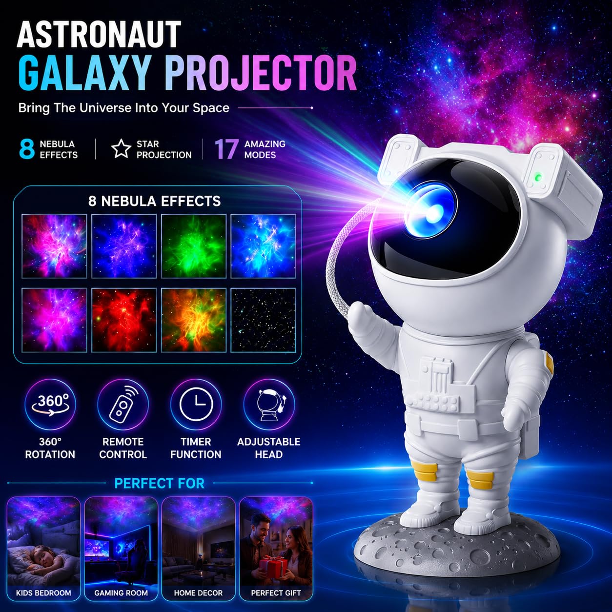 Astronaut Galaxy Projector Night Light – 360° Rotating Star Projector with Remote Control, Timer & Adjustable Head – Space Lamp for Kids’ Bedroom, Gifts, Gaming Room, Home & Décor