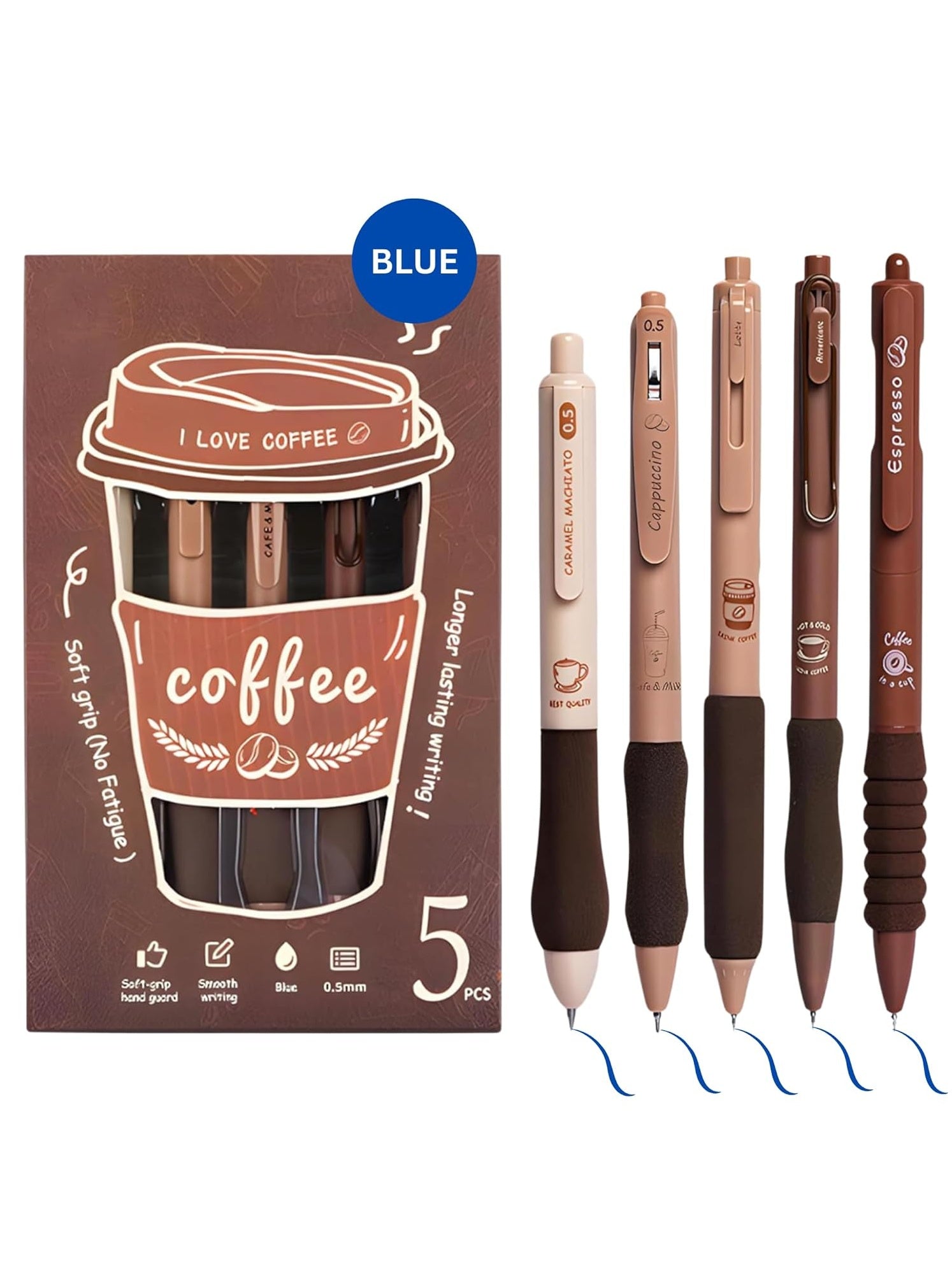 Set of 5 Coffee Theme Gel Pens for Writing, 0.5mm Black Ink Aesthetic Pen with Soft Grip, Cute Kawaii Stationery for Girls & Boys, School Office Use, Return Gift for Kids
