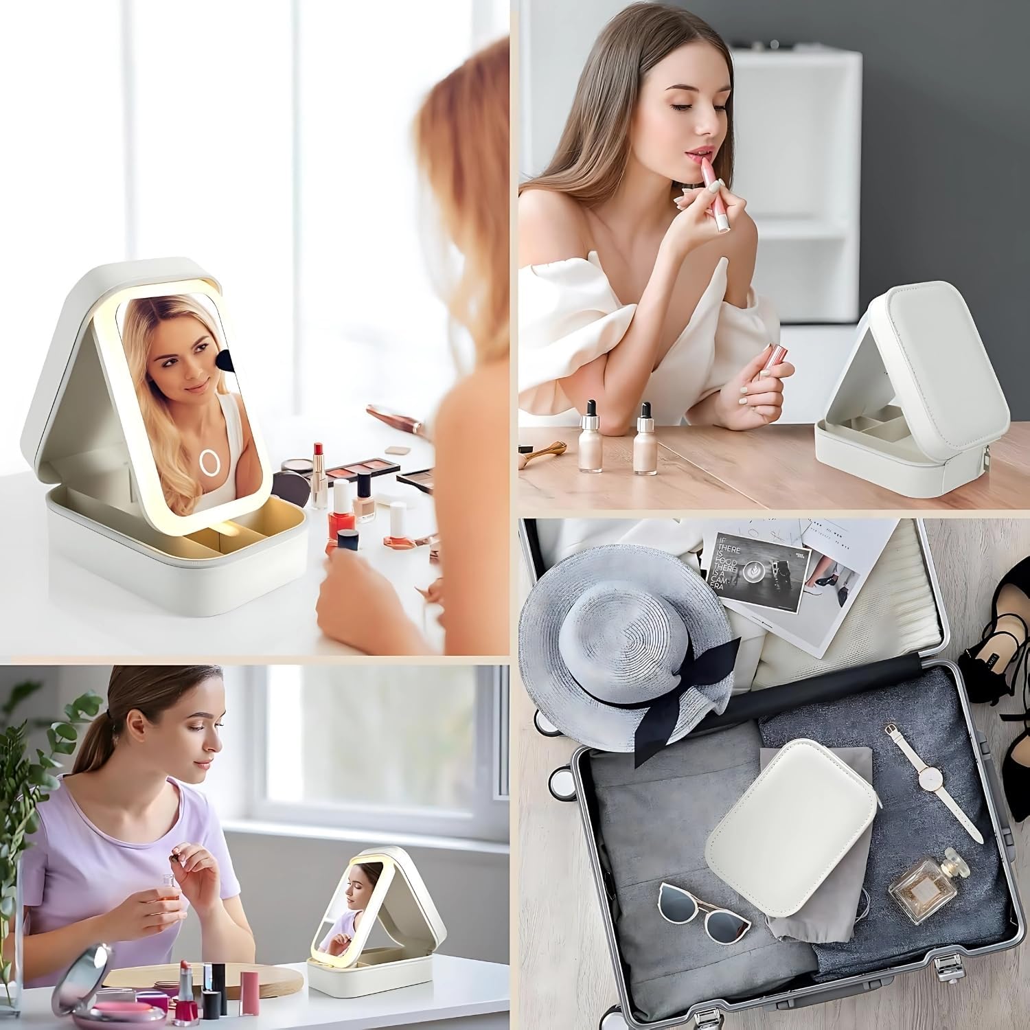 LED Lighted Makeup Mirror Jewelry Box – Portable 2-in-1 Travel Organizer with Adjustable Lighting, Cosmetic Storage & Rechargeable Battery – Compact Vanity Mirror for Women (White)