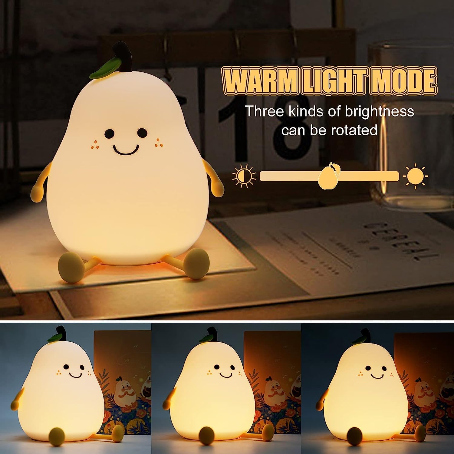 Pear Rechargeable Silicone Night Lamp, Touch Control 7 Color LED Baby Night Light for Kids Bedroom, Bedside Decor, Gift for Kids