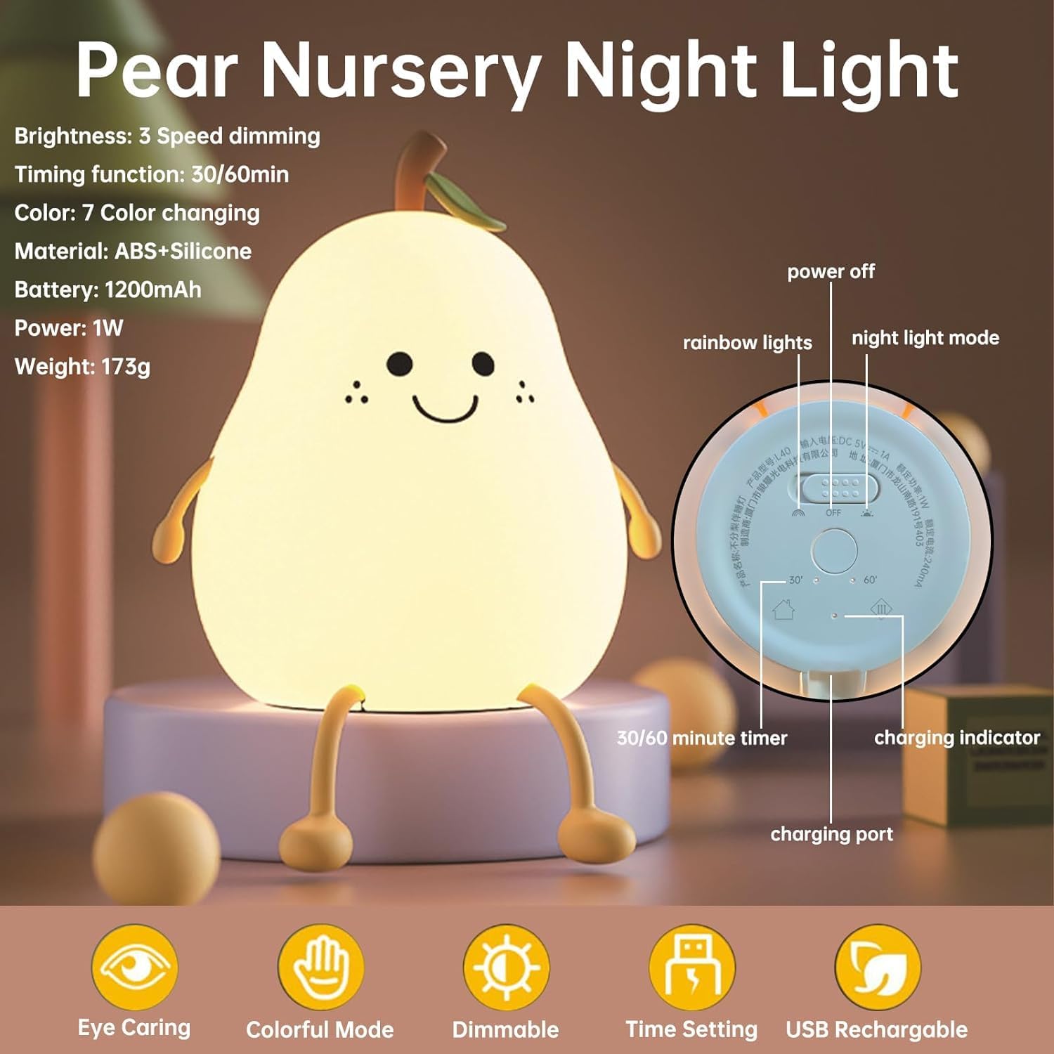Pear Rechargeable Silicone Night Lamp, Touch Control 7 Color LED Baby Night Light for Kids Bedroom, Bedside Decor, Gift for Kids