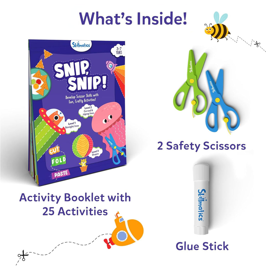 Skillmatics Scissor Skills Activity Book - Snip Snip, 25 Fun Cutting & Creative Activities for Preschoolers, 2 Child-Safe Scissors, Fine Motor Skills Craft Kit, Gifts for Kids Ages 3, 4, 5, 6, 7