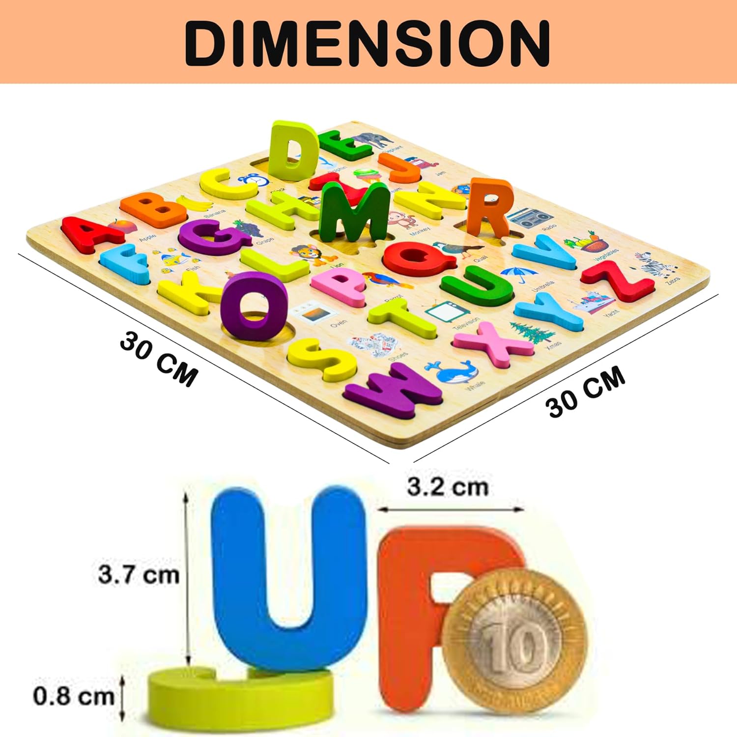 3D Wooden Capital Alphabet Puzzles with Pictures for Children, montessori educational learning letters puzzle board toy- Multi color