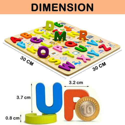 3D Wooden Capital Alphabet Puzzles with Pictures for Children, montessori educational learning letters puzzle board toy- Multi color