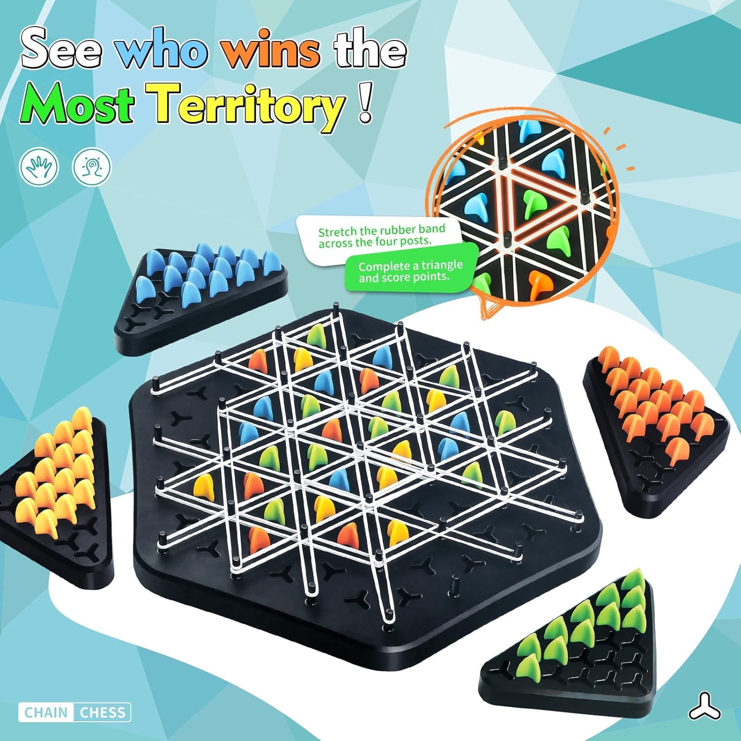 Chain Triangle Chess Game | Triggle Rubber Band Strategy Board Game for Family & Kids, 2–4 Players| 6+