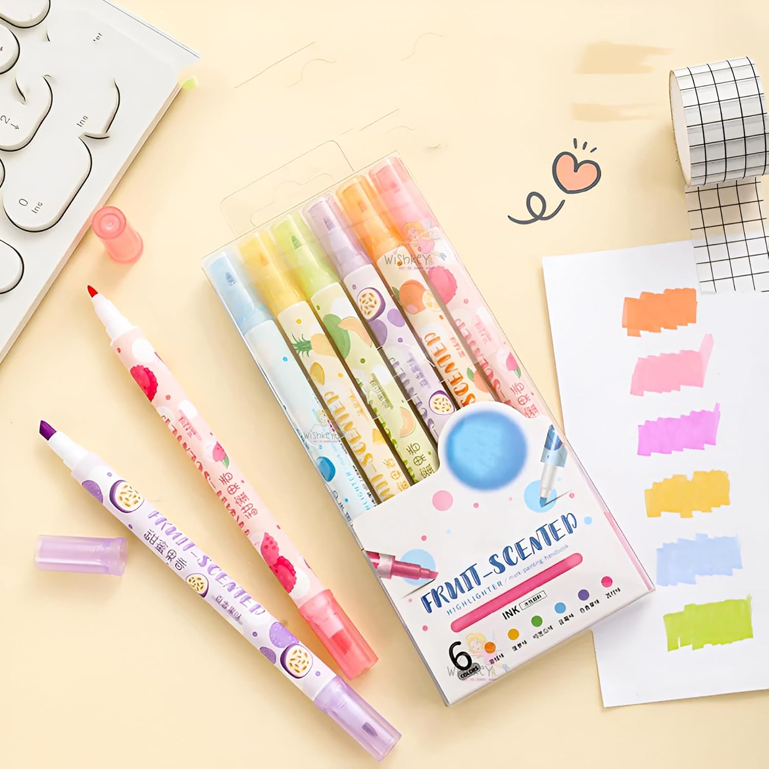 Double Head Fruit Scented Marker Pens, Water-Based Non-Toxic Ink, Quick Drying Dual Tip Highlighter Pens for Multipurpose for Kids and Adults, 8+ Years (Pack of 6, Multicolor)