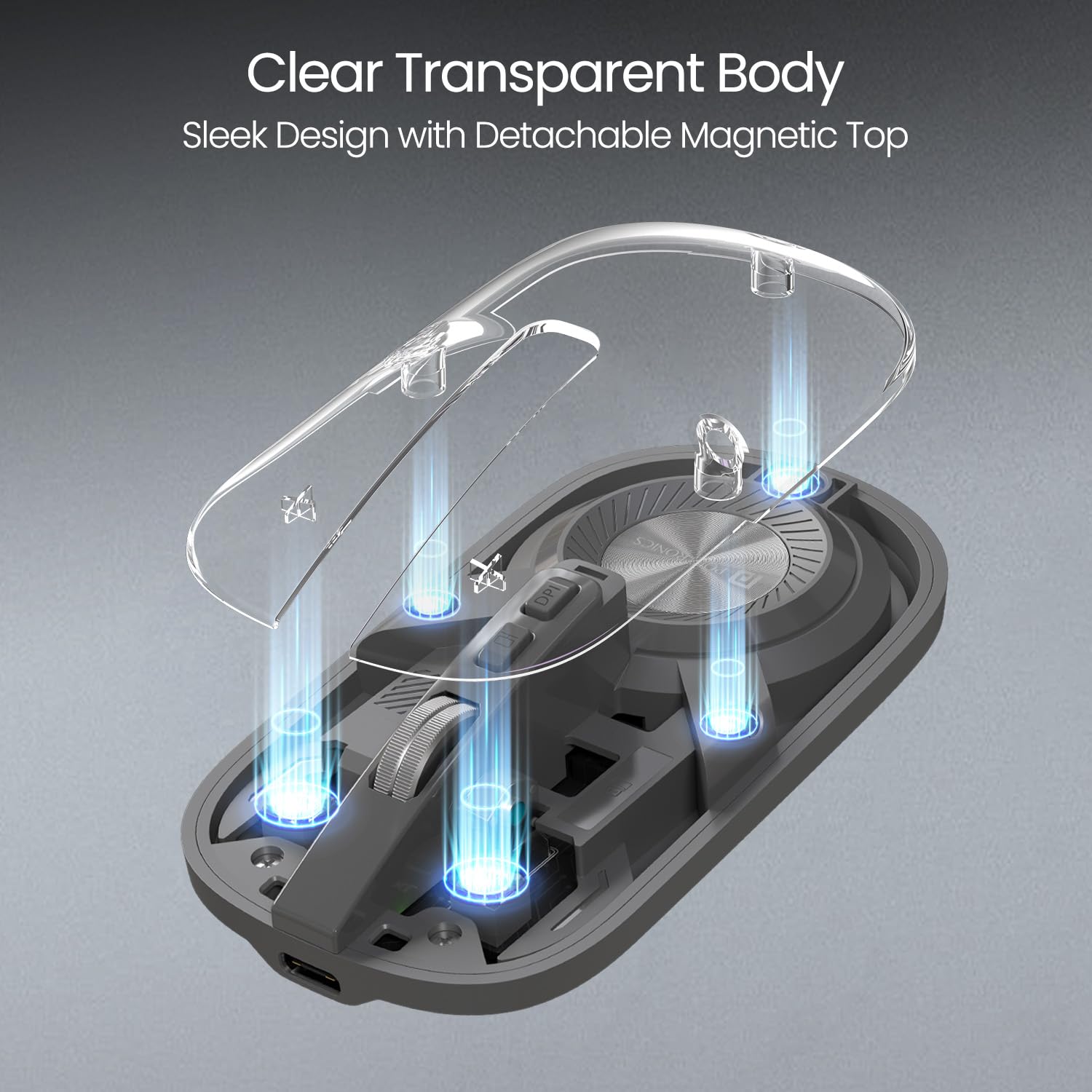 Portronics Toad 8 Transparent Wireless Bluetooth Mouse with Dual Wireless (BT + 2.4 GHz),  Noise-Free Clicking,  Multi-Device Pair