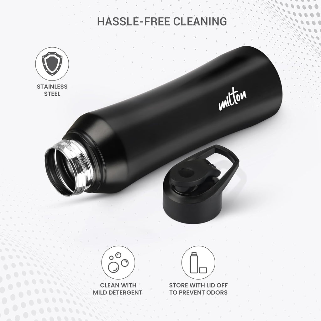 MILTON Comet 1000 Stainless Steel Water Bottle 1000 ml, Single Walled, ISI Certified I Leak Proof Lid, Rust Proof I For School, Office, Gym I Black