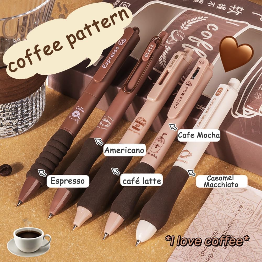 Set of 5 Coffee Theme Gel Pens for Writing, 0.5mm Black Ink Aesthetic Pen with Soft Grip, Cute Kawaii Stationery for Girls & Boys, School Office Use, Return Gift for Kids