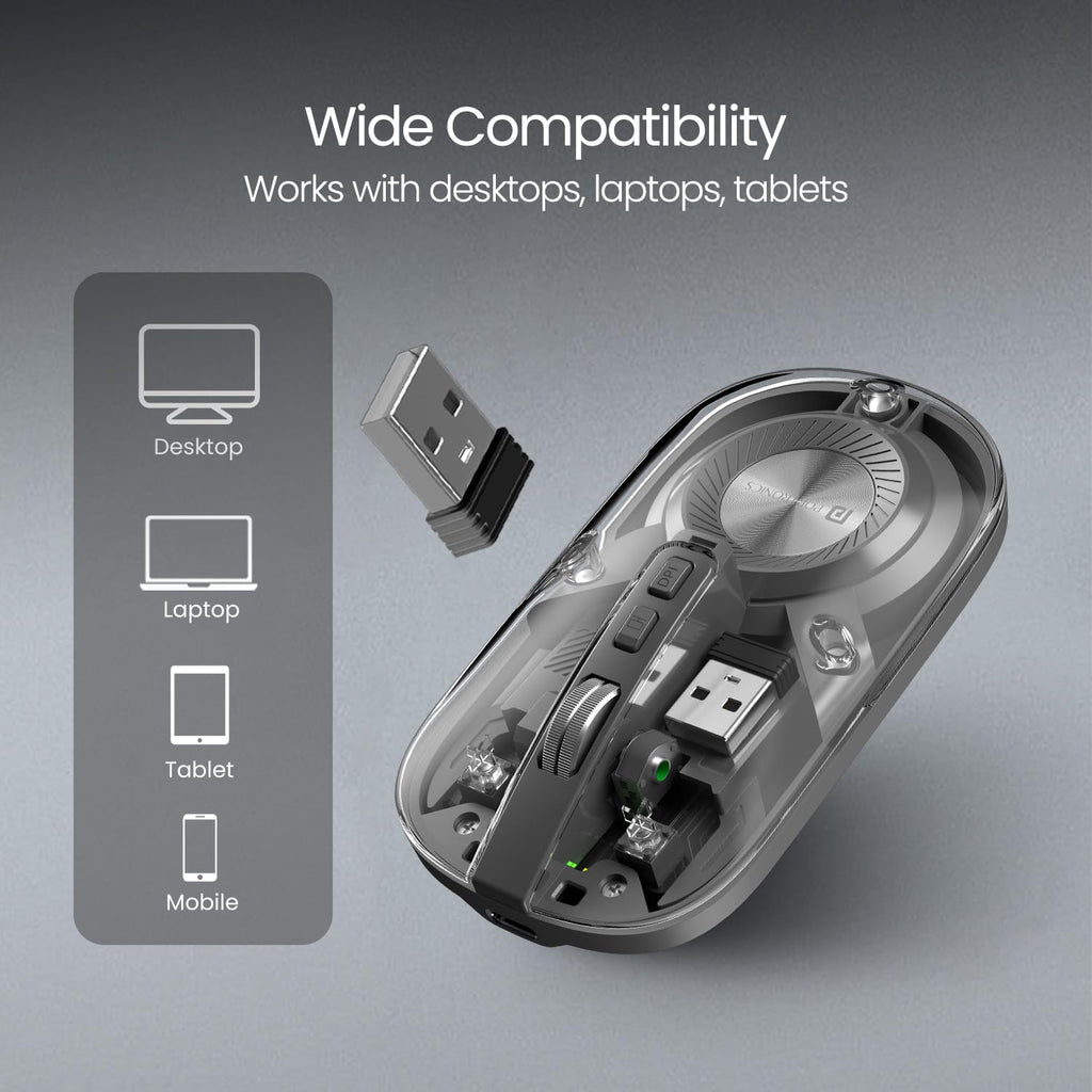 Portronics Toad 8 Transparent Wireless Bluetooth Mouse with Dual Wireless (BT + 2.4 GHz),  Noise-Free Clicking,  Multi-Device Pair