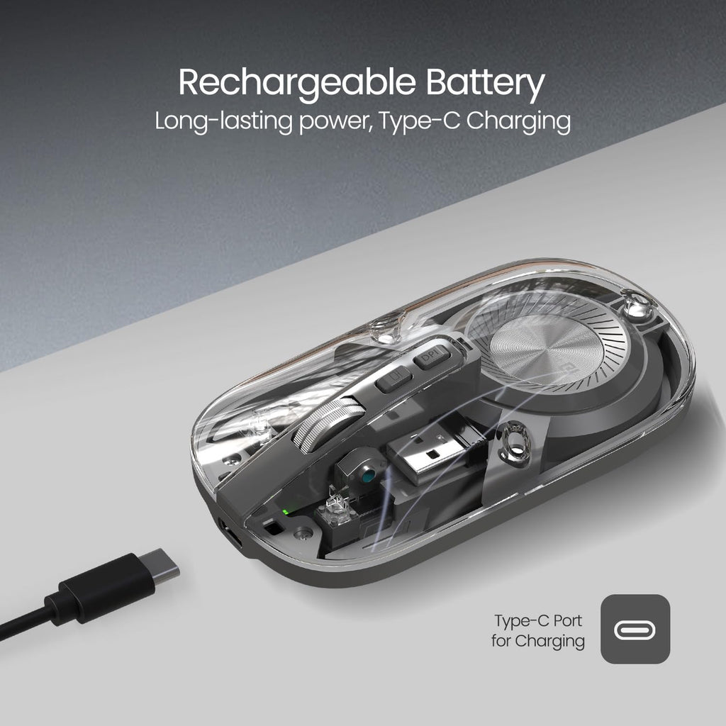 Portronics Toad 8 Transparent Wireless Bluetooth Mouse with Dual Wireless (BT + 2.4 GHz),  Noise-Free Clicking,  Multi-Device Pair