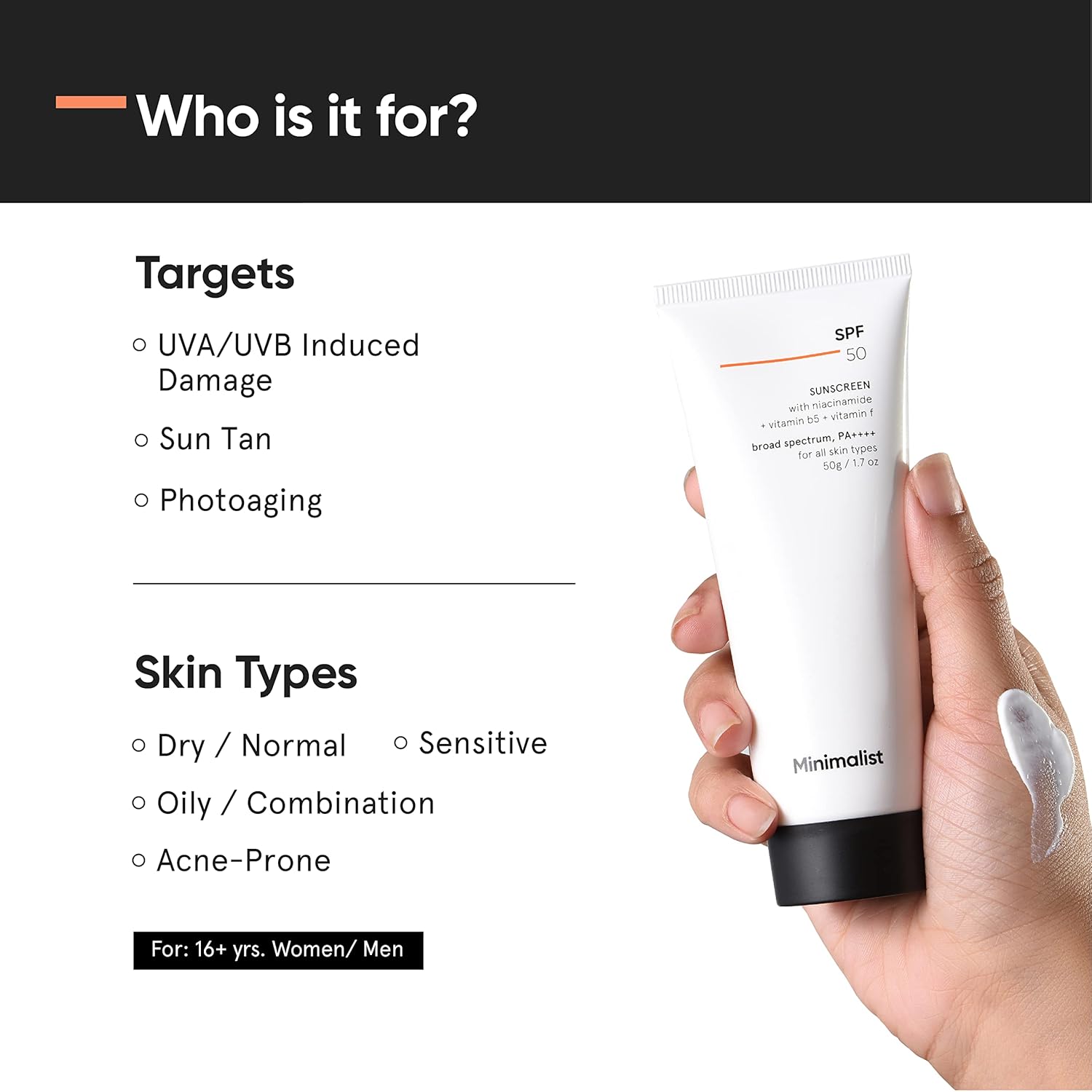 Minimalist Cream Sunscreen SPF 50 Lightweight With Multi-Vitamins, No White Cast, Broad Spectrum PA ++++ Acne Safe For Unisex, 50g