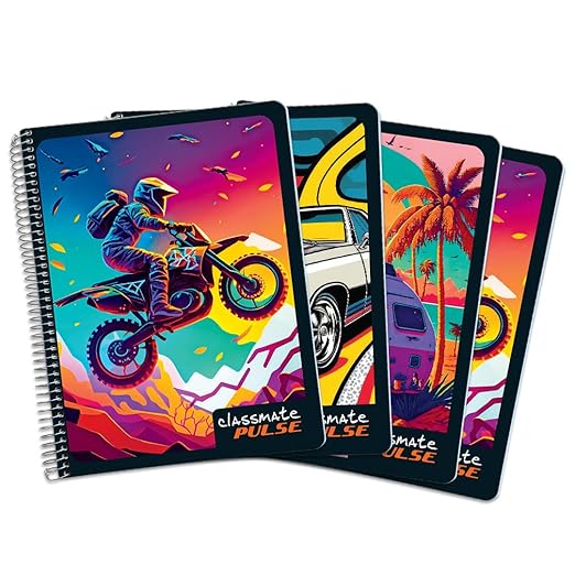 Classmate Pulse Single Subject Spiral Notebook - Pack of 4 | Unruled | 200 Pages | Attractive Cover Designs