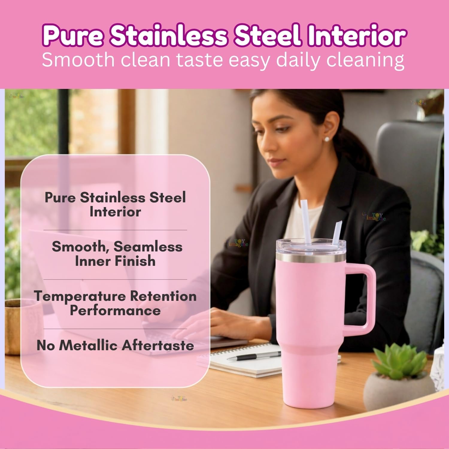 Stainless Steel Insulated Tumbler with Handle, Lid & Straw | Hot & Cold Large Travel Mug Water Cup for Gym, Office & Outdoor Use | Leakproof | 1200 ml(Pink)