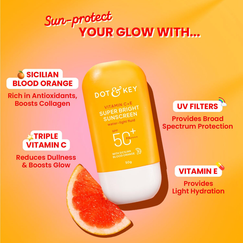 DOT & KEY Vitamin C + E Super Bright Sunscreen Spf 50 In-Vivo Tested | Water-Light,UVA/UVB & Blue Light Protection|For Even Toned & Glowing Skin|With Liquid Spf 50+++| No White Cast | For All Skin Types| 50G,Pack Of 1