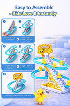 Slide Toy Race Duck Track Set, Funny Automatic Stair-Climbing Ducklings Cartoon Roller Coaster Escalator Toy with Flashing Lights & Music