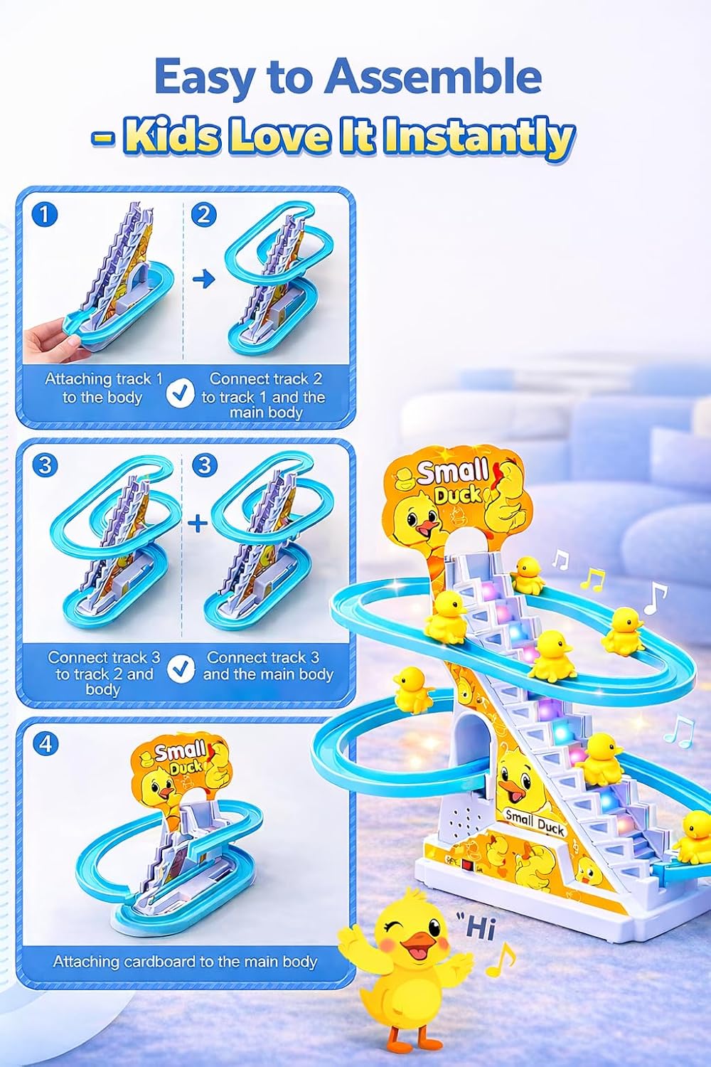 Slide Toy Race Duck Track Set, Funny Automatic Stair-Climbing Ducklings Cartoon Roller Coaster Escalator Toy with Flashing Lights & Music