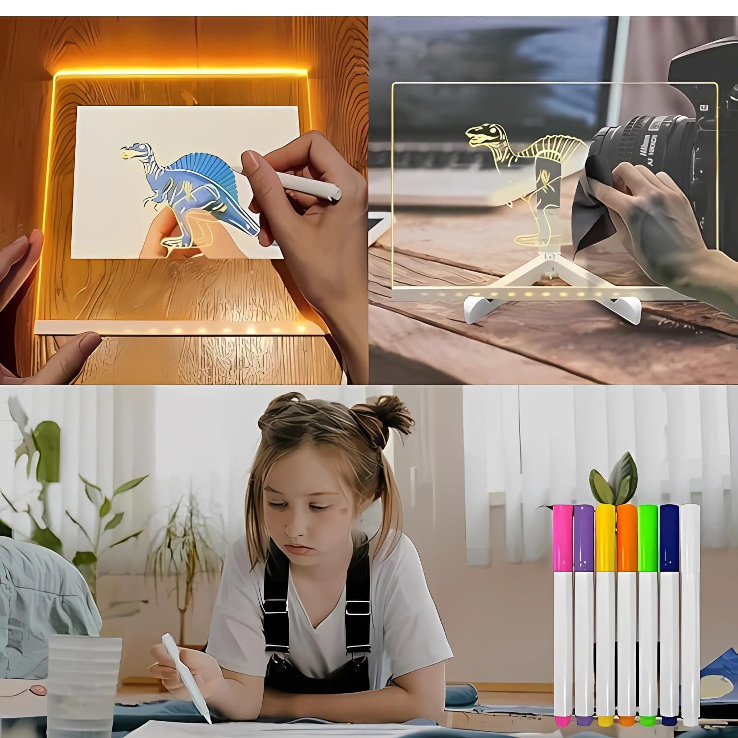 LED Acrylic Writing Board with 7 Pen & Light – 20x 20 cm DIY 3D Rewritable Message Pad, Personalized Night Lamp & LED Display for Home, Office Desk Decor & Gift