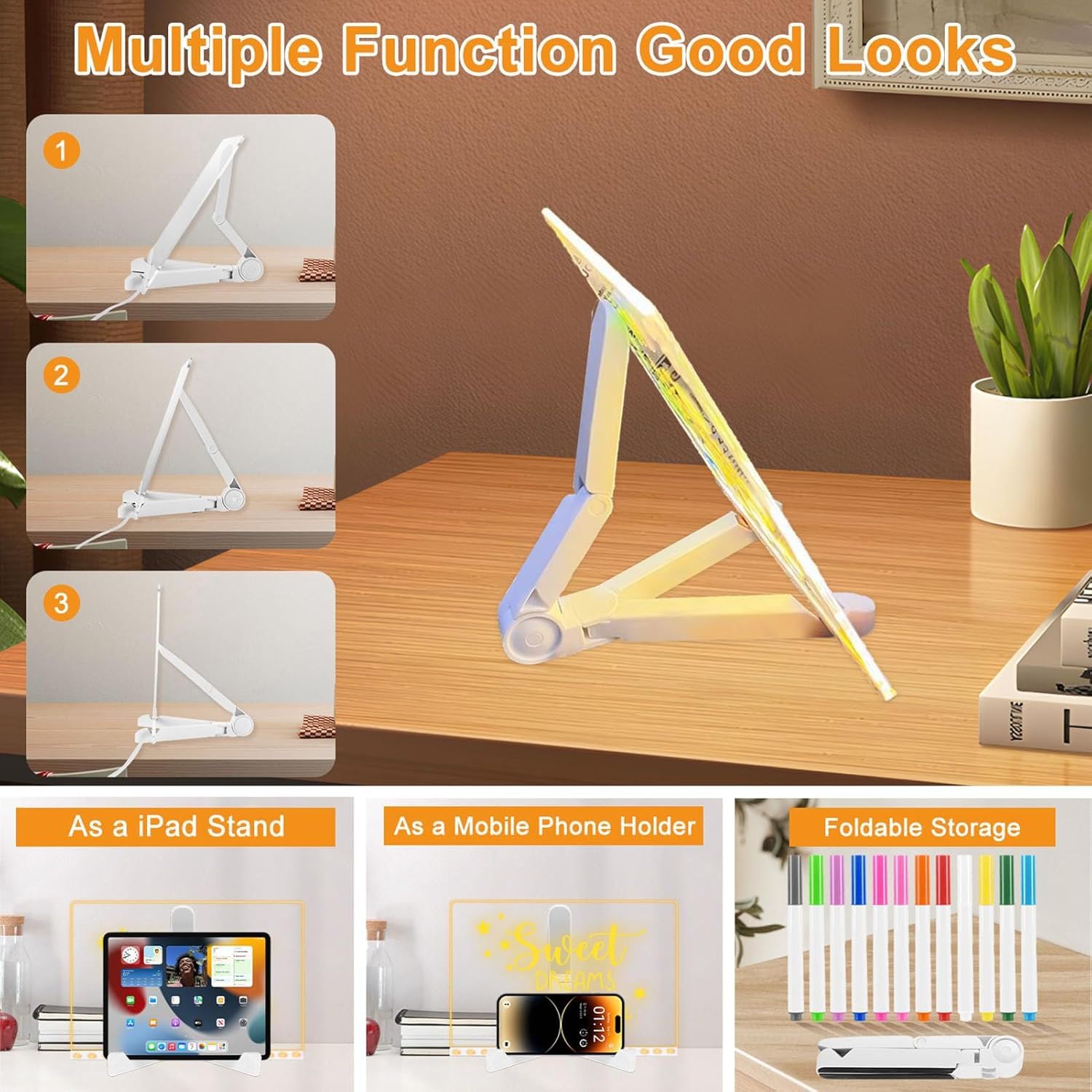 LED Acrylic Writing Board with 7 Pen & Light – 20x 20 cm DIY 3D Rewritable Message Pad, Personalized Night Lamp & LED Display for Home, Office Desk Decor & Gift