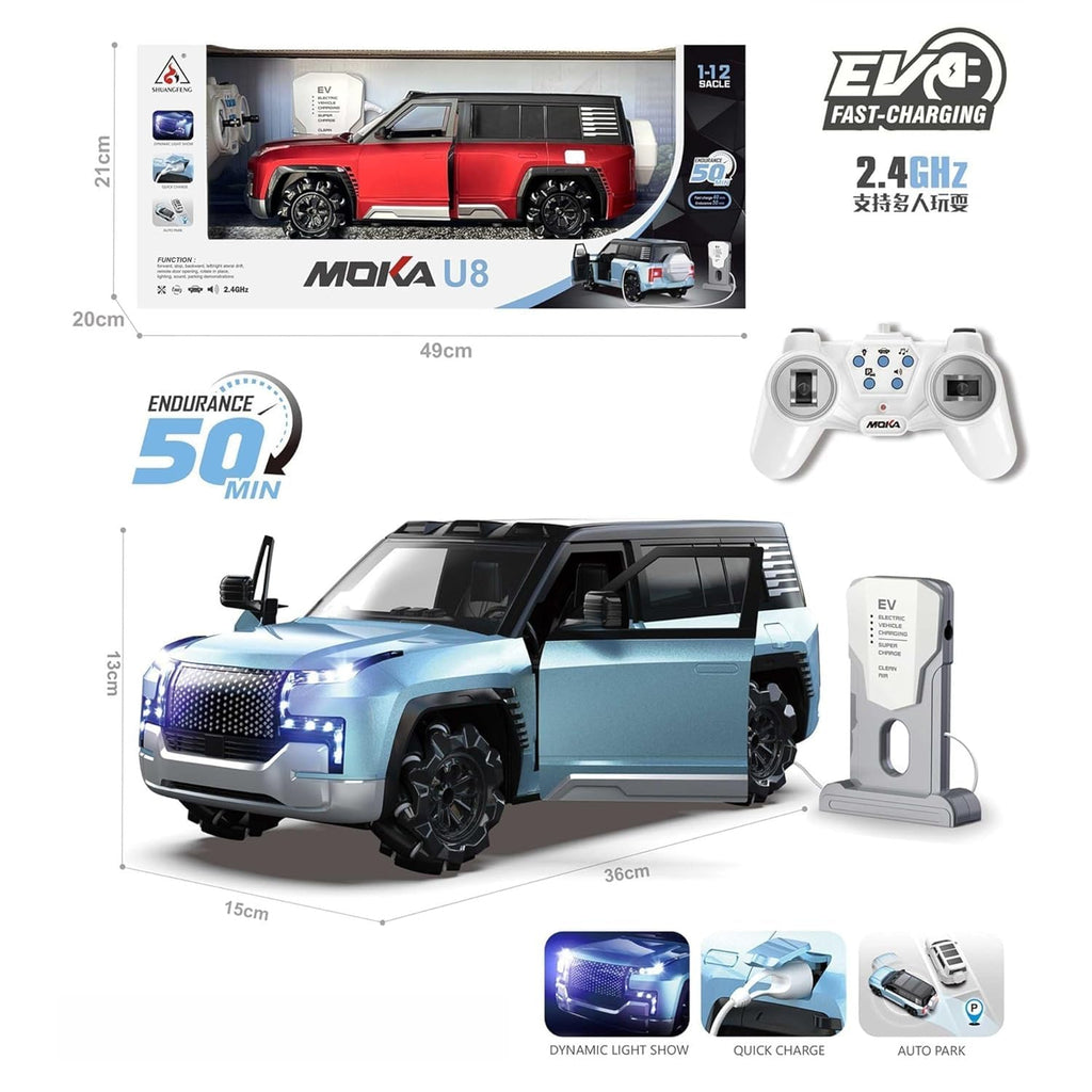 MOKA 1:12 Scale Rechargeable  U8 Remote Control Drift Car with EV Power Charge Station | Auto Park, Light & Music for Kids/Children Ages 3+, Multicolor
