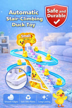 Slide Toy Race Duck Track Set, Funny Automatic Stair-Climbing Ducklings Cartoon Roller Coaster Escalator Toy with Flashing Lights & Music
