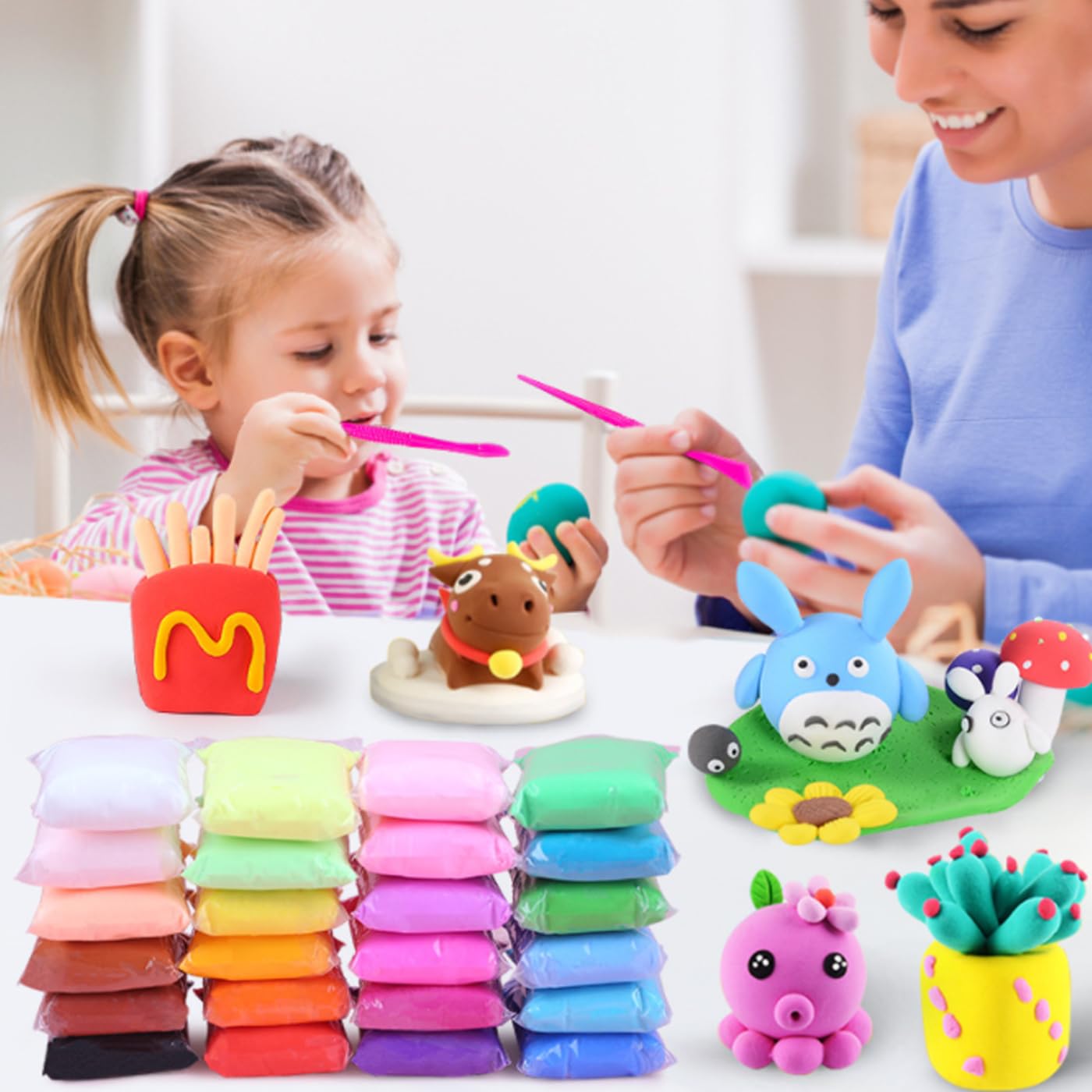 24 Pcs Air Dry Clay for Kids with 6 Sculpting Tools - Creative Art & Crafts Play Dough Birthday Return Gift for Boys and Girls - Color As Per Stock