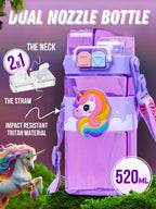 Unicorn Water Bottle with Carry Strap to Hang ,Water Bottle for School Kids 520ML (Purple)