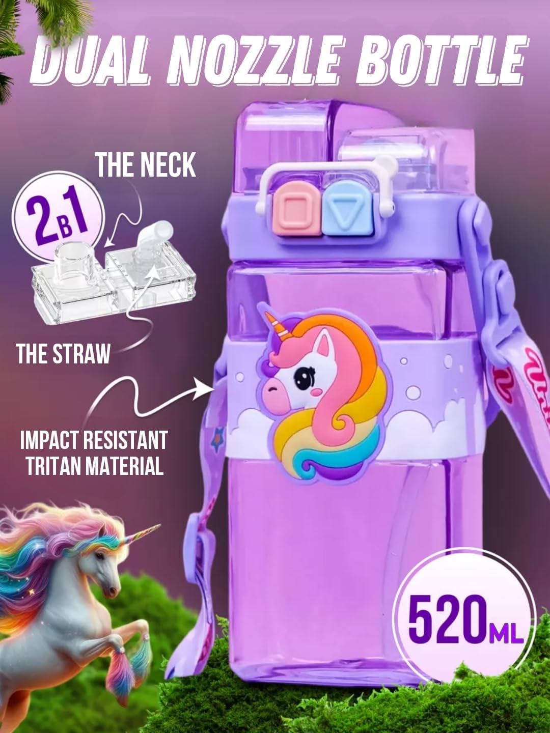 Unicorn Water Bottle with Carry Strap to Hang ,Water Bottle for School Kids 520ML (Purple)