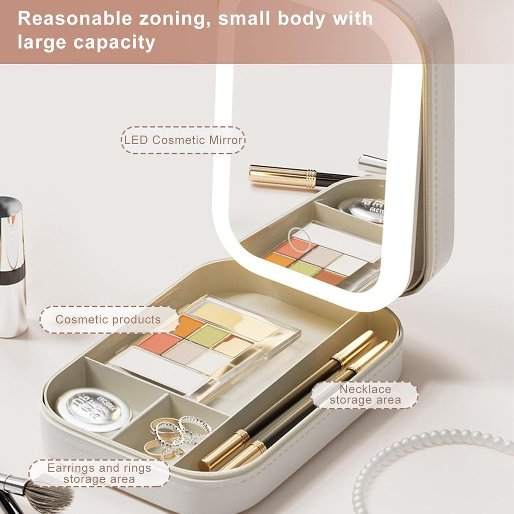 LED Lighted Makeup Mirror Jewelry Box – Portable 2-in-1 Travel Organizer with Adjustable Lighting, Cosmetic Storage & Rechargeable Battery – Compact Vanity Mirror for Women (White)