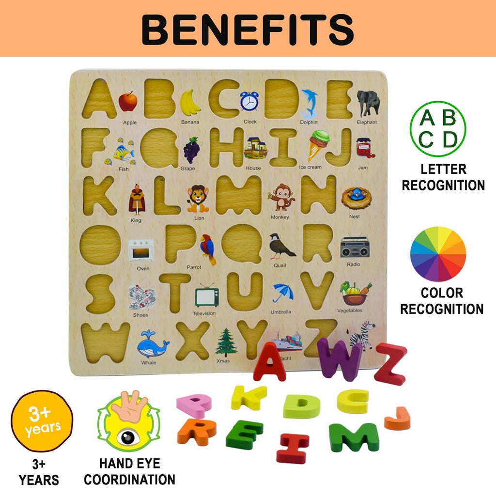 3D Wooden Capital Alphabet Puzzles with Pictures for Children, montessori educational learning letters puzzle board toy- Multi color
