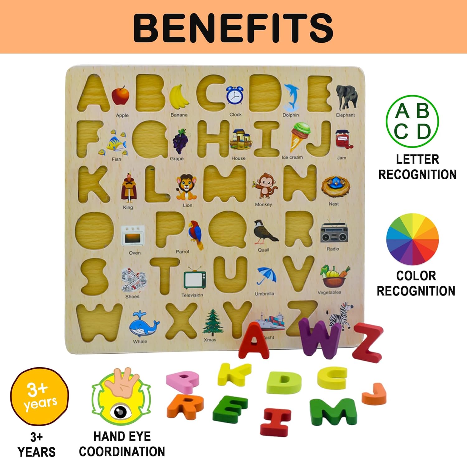 3D Wooden Capital Alphabet Puzzles with Pictures for Children, montessori educational learning letters puzzle board toy- Multi color