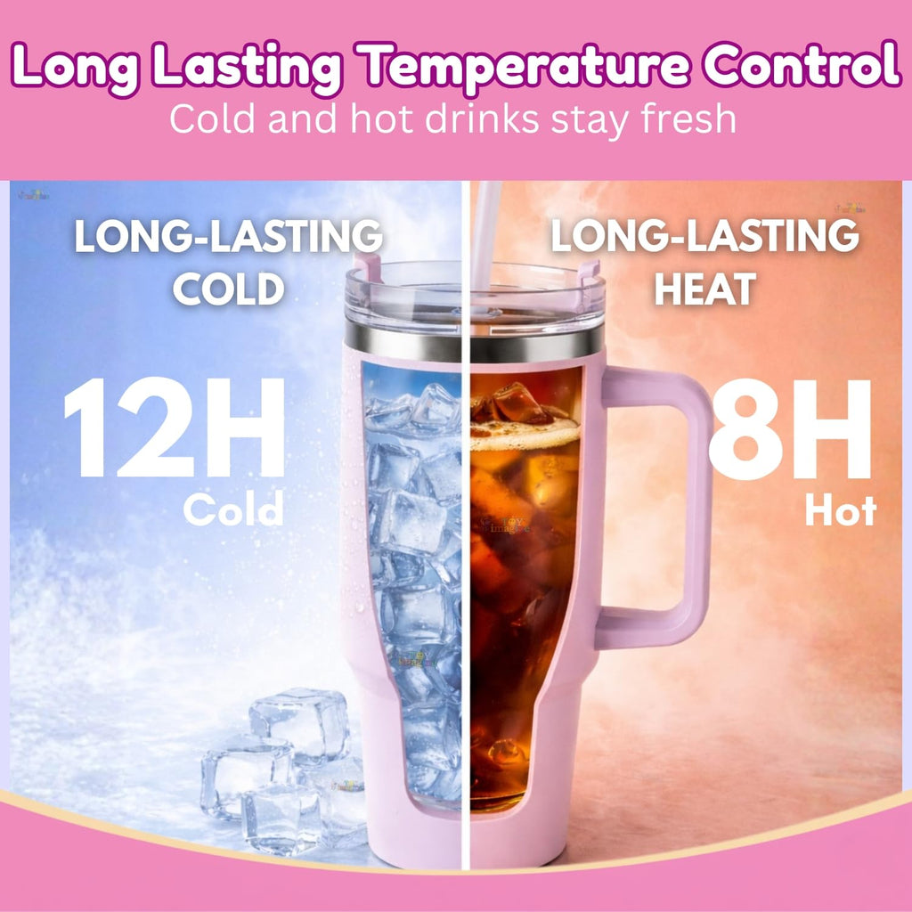 Stainless Steel Insulated Tumbler with Handle, Lid & Straw | Hot & Cold Large Travel Mug Water Cup for Gym, Office & Outdoor Use | Leakproof | 1200 ml(Pink)