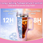 Stainless Steel Insulated Tumbler with Handle, Lid & Straw | Hot & Cold Large Travel Mug Water Cup for Gym, Office & Outdoor Use | Leakproof | 1200 ml(Pink)
