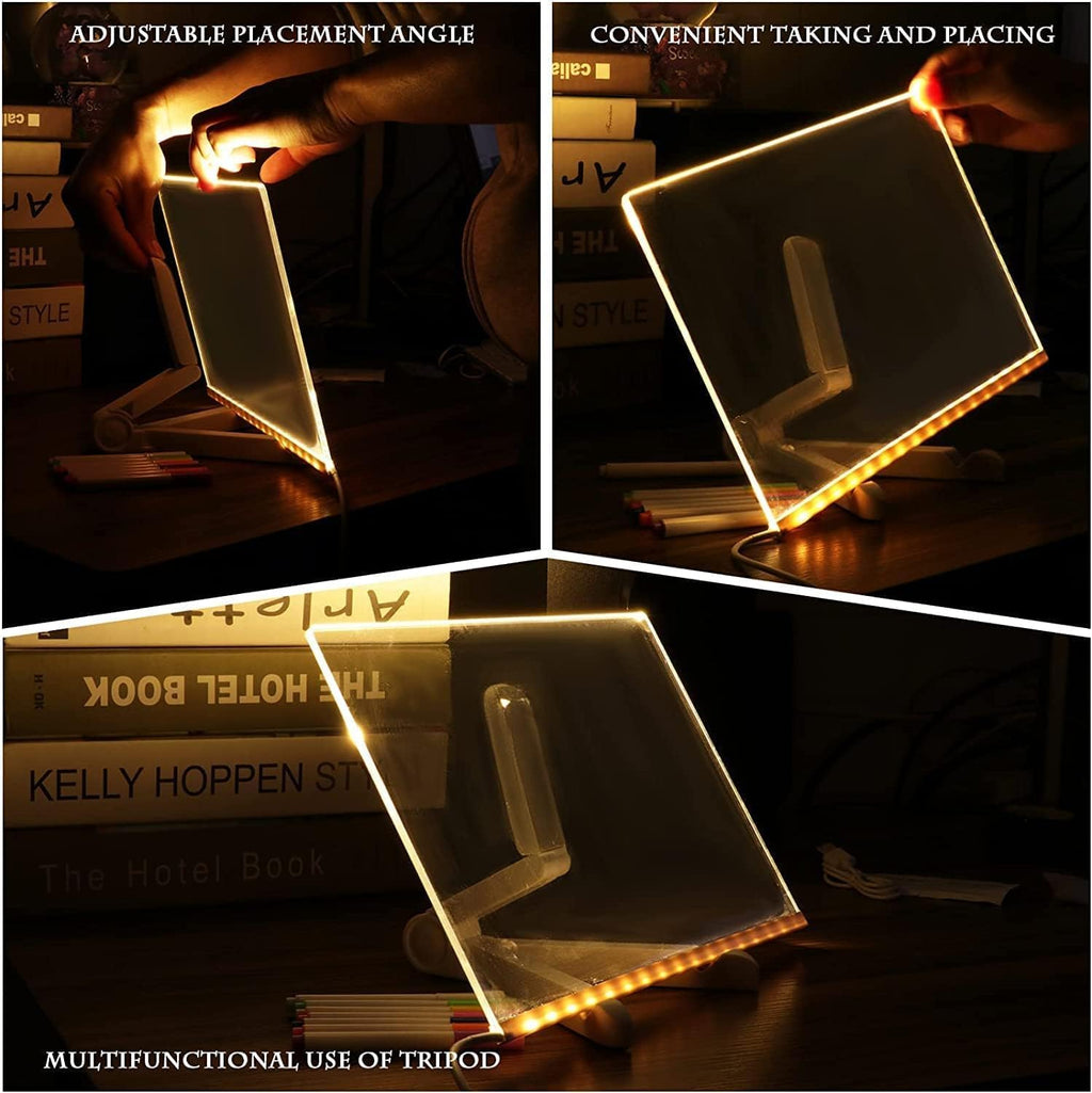 LED Acrylic Writing Board with 7 Pen & Light – 20x 20 cm DIY 3D Rewritable Message Pad, Personalized Night Lamp & LED Display for Home, Office Desk Decor & Gift