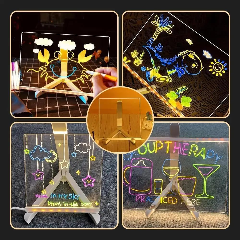 LED Acrylic Writing Board with 7 Pen & Light – 20x 20 cm DIY 3D Rewritable Message Pad, Personalized Night Lamp & LED Display for Home, Office Desk Decor & Gift