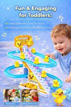 Slide Toy Race Duck Track Set, Funny Automatic Stair-Climbing Ducklings Cartoon Roller Coaster Escalator Toy with Flashing Lights & Music