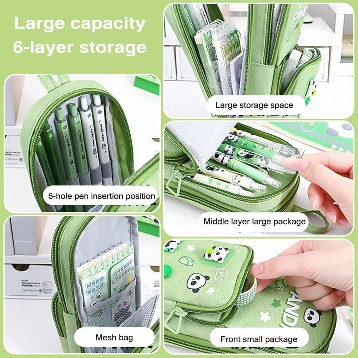 Panda Pencil Case 6 Layer with 3 Compartment Cute Aesthetic Pencil Case for Boys & Girls Large Capacity Pencil Pouch for School