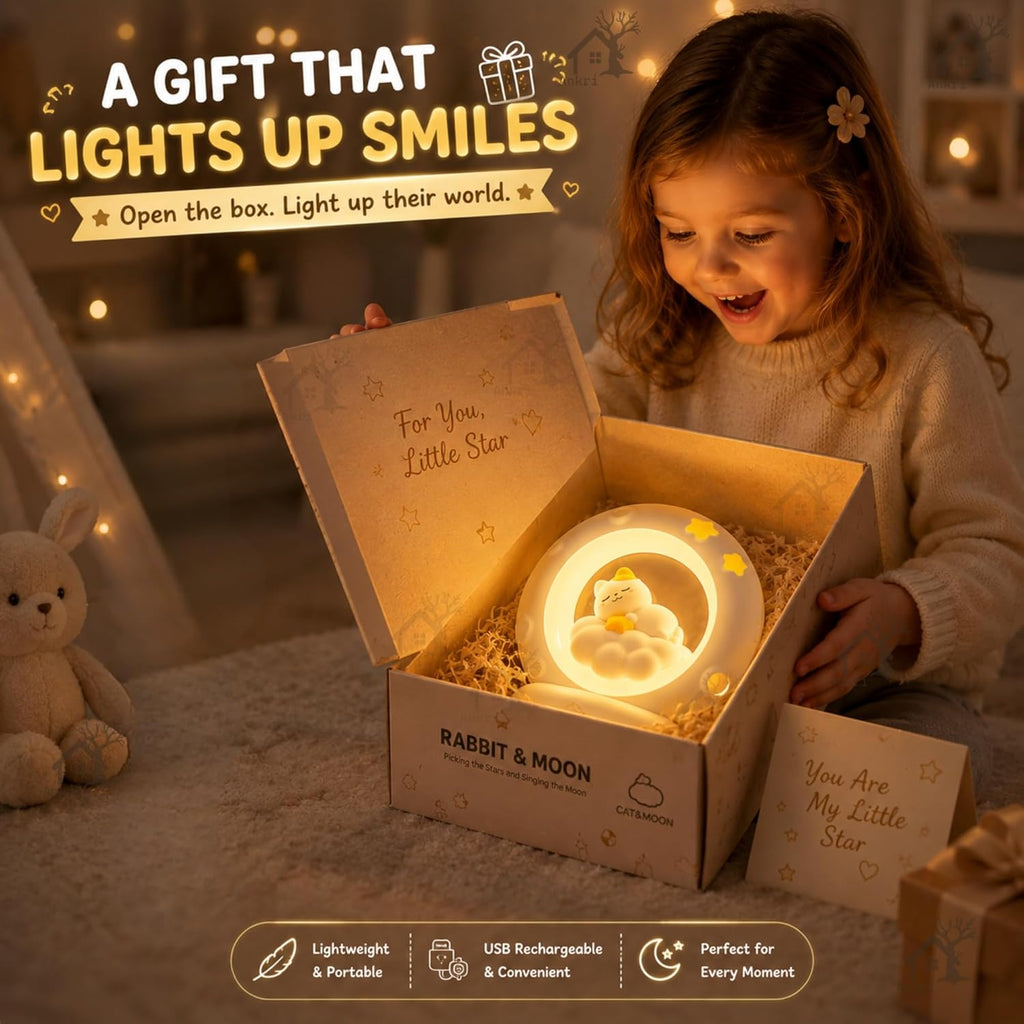 Cat Moon Light For Bedroom Dim Light| 3 Gear Brightness Night Lamp for Kids| Home Decor Gift for Women Girls & Boys| Couple Gift| Love Gift for Her| Decoration Silicone Night Lamp| Cute LED Moon