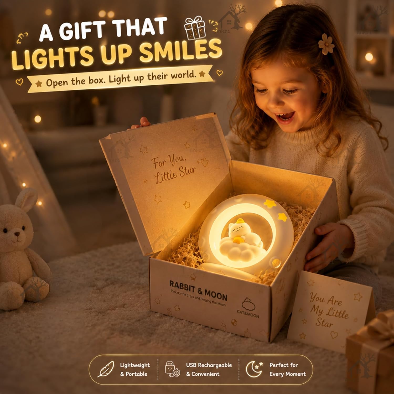 Cat Moon Light For Bedroom Dim Light| 3 Gear Brightness Night Lamp for Kids| Home Decor Gift for Women Girls & Boys| Couple Gift| Love Gift for Her| Decoration Silicone Night Lamp| Cute LED Moon