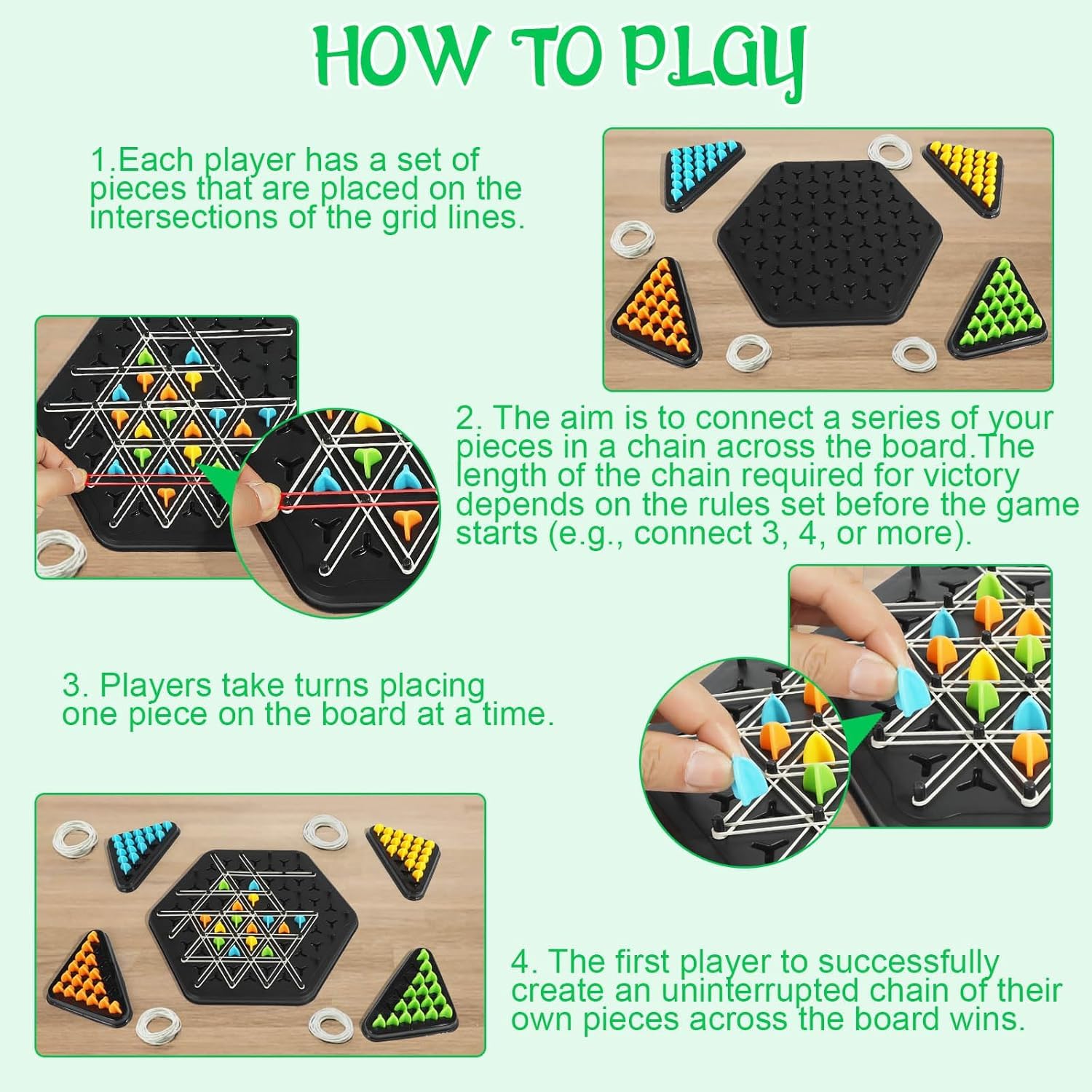 Chain Triangle Chess Game | Triggle Rubber Band Strategy Board Game for Family & Kids, 2–4 Players| 6+
