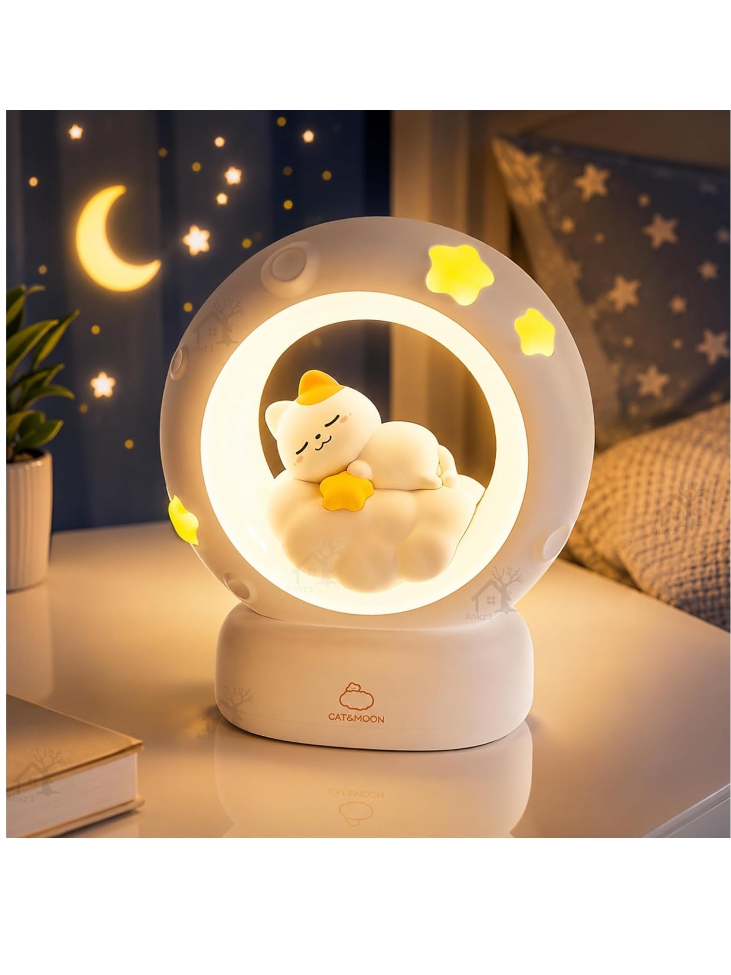 Cat Moon Light For Bedroom Dim Light| 3 Gear Brightness Night Lamp for Kids| Home Decor Gift for Women Girls & Boys| Couple Gift| Love Gift for Her| Decoration Silicone Night Lamp| Cute LED Moon
