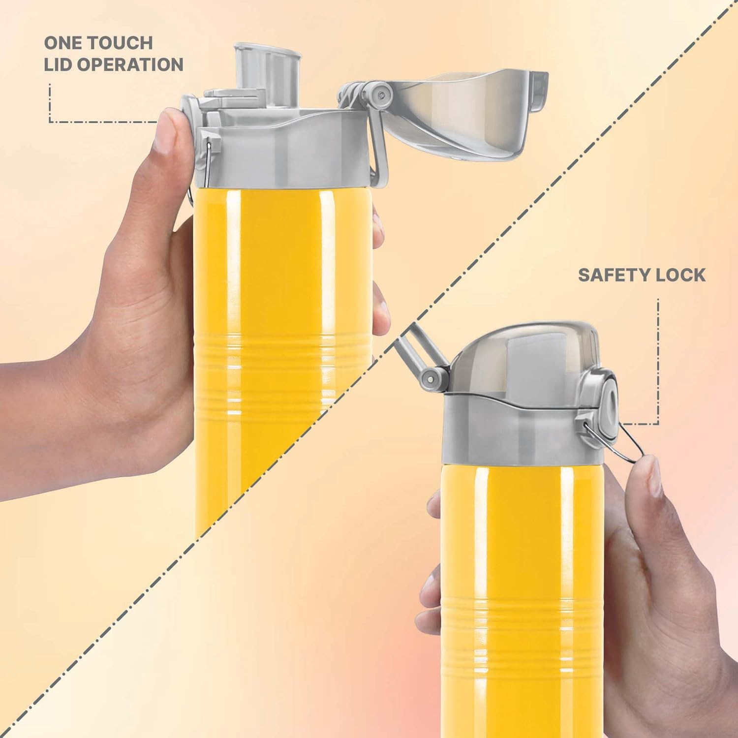 Milton Vogue 750 Stainless Steel Water Bottle with One Touch Safety Lock, 750 ml Water Bottles, Single Walled, Leak-Proof, Travel Bottle, Yellow