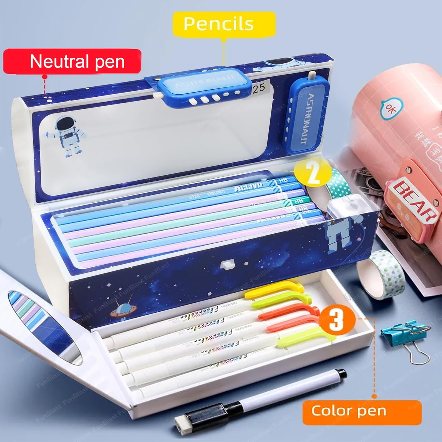 Astronaut Kids Pen & Pencil Box Suitcase Style Password Lock Multi-Layer Pencil Box For Boys, Girls, Return Gift For Kids