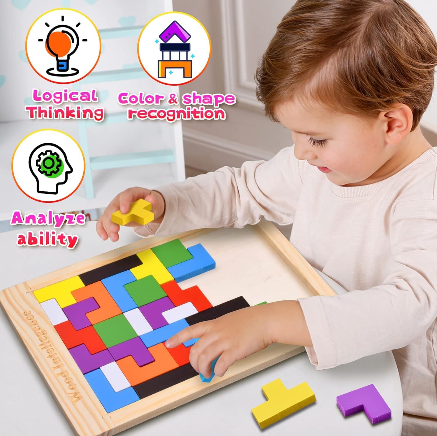 Wooden Tangram Puzzle for Kids 40 Pieces | Montessori Brain Teaser Blocks Game | Educational Wooden Toys for Toddlers | Color & Shape Learning Puzzle Gift for Boys & Girls