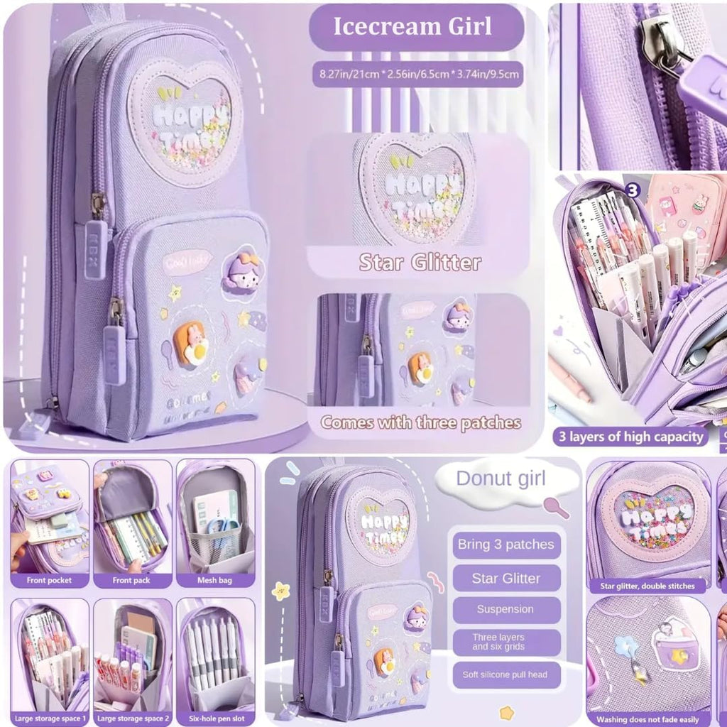 Premium Pencil Case, 6 Layer, 3 Compartments , Cute Aesthetic Design For Girls, Purple